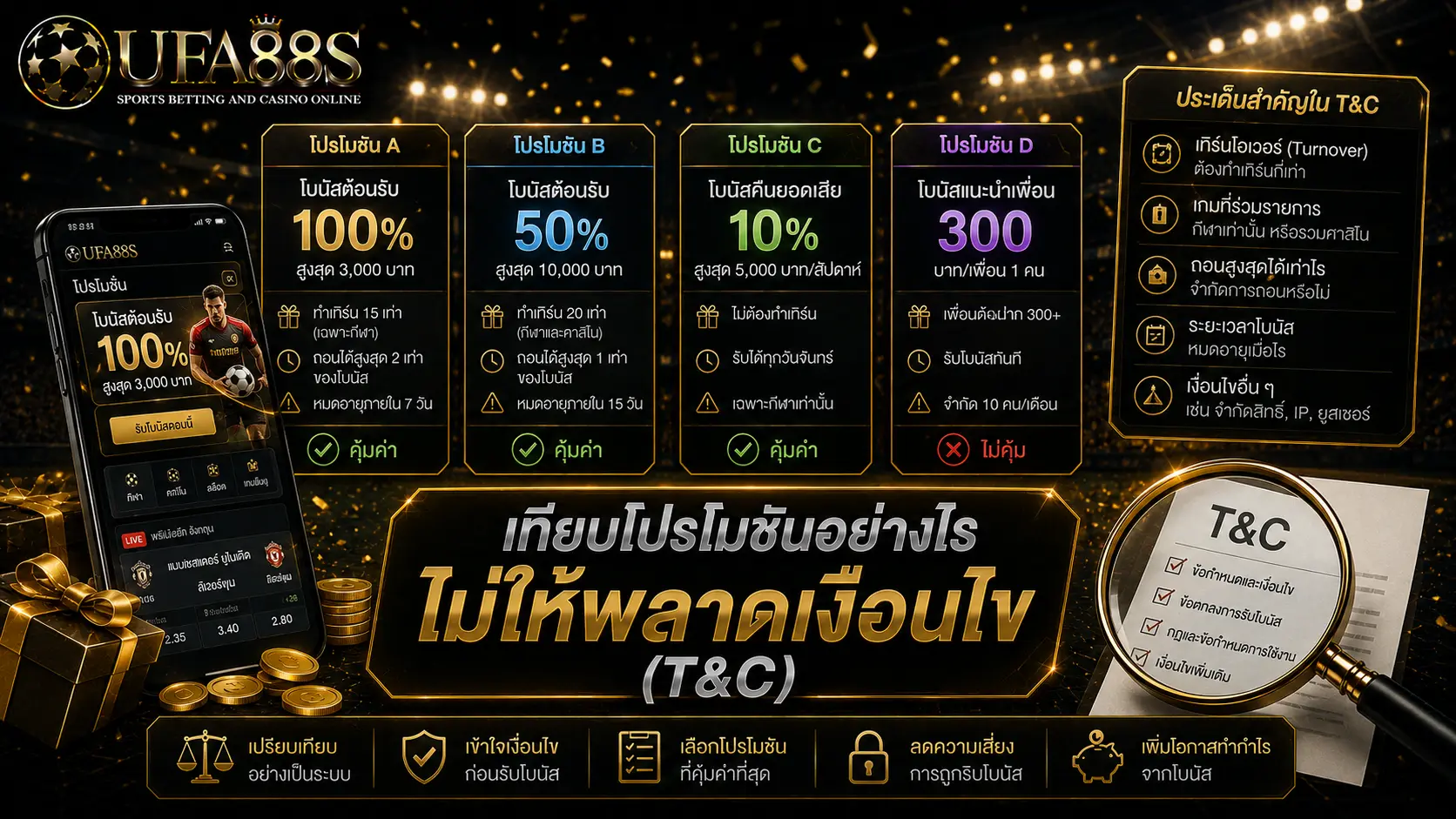 ตารางเทียบเว็บบอล เทียบโปรโมชันอย่างไรไม่ให้พลาดเงื่อนไข (T&C)